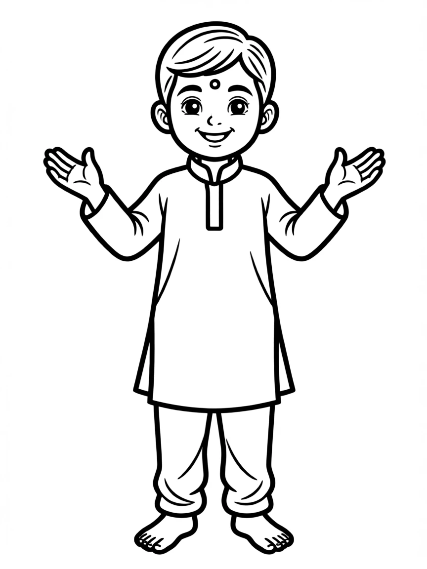 A joyful Indian child in a kurta pajama, with a small bindi on their forehead.
