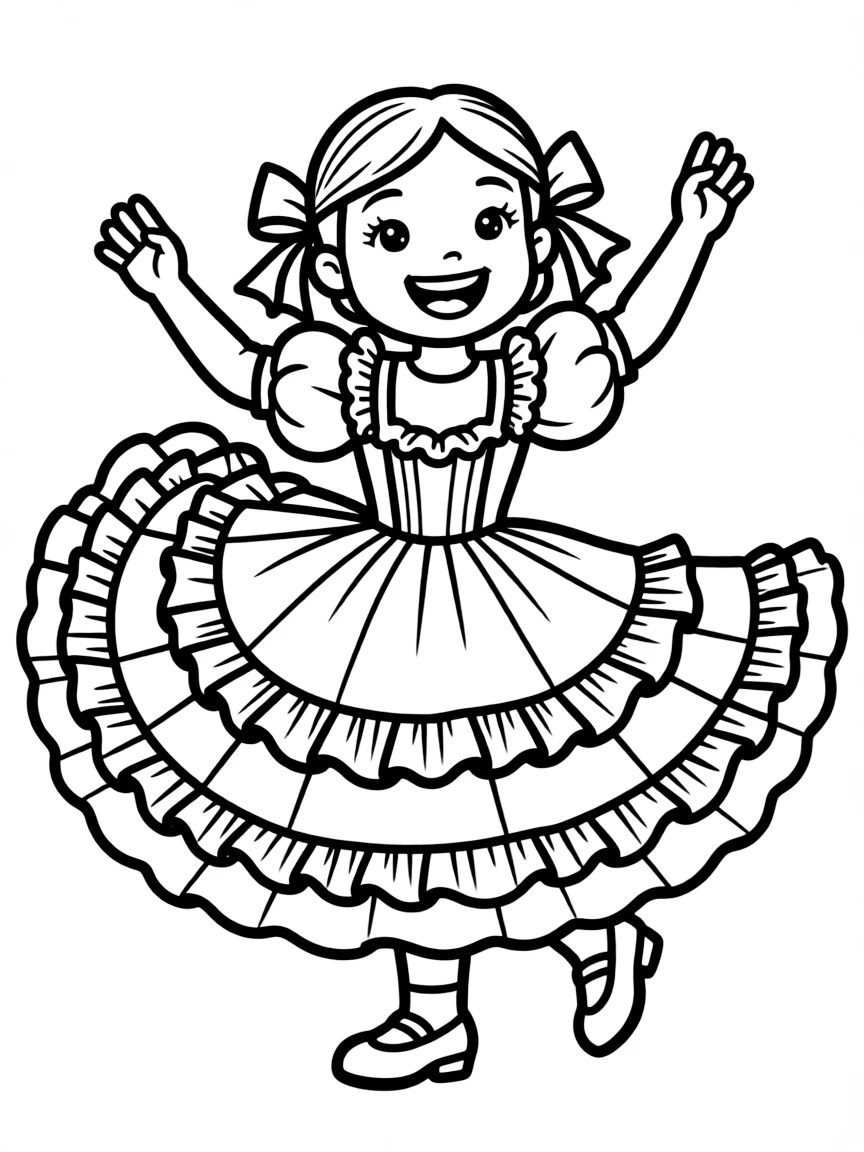 An excited Mexican child in a colorful folk dance dress, with ribbons in their hair.