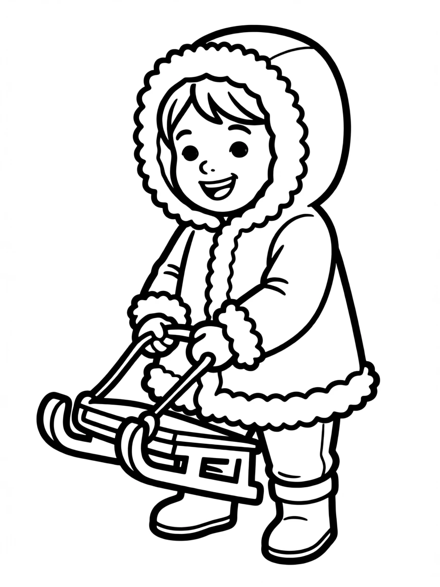 An Inuit child in a sealskin parka, with a toy sled.