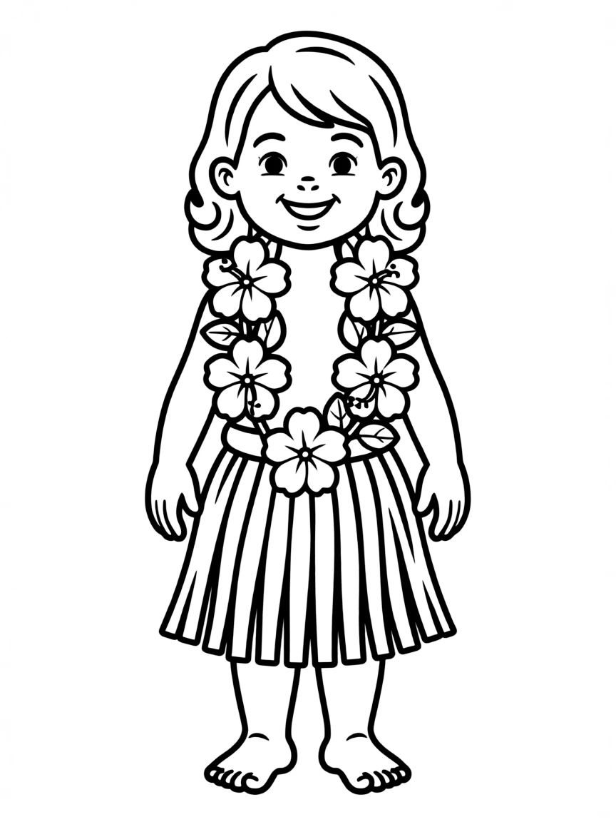 A Hawaiian child with a flower lei, wearing a simple hula skirt.