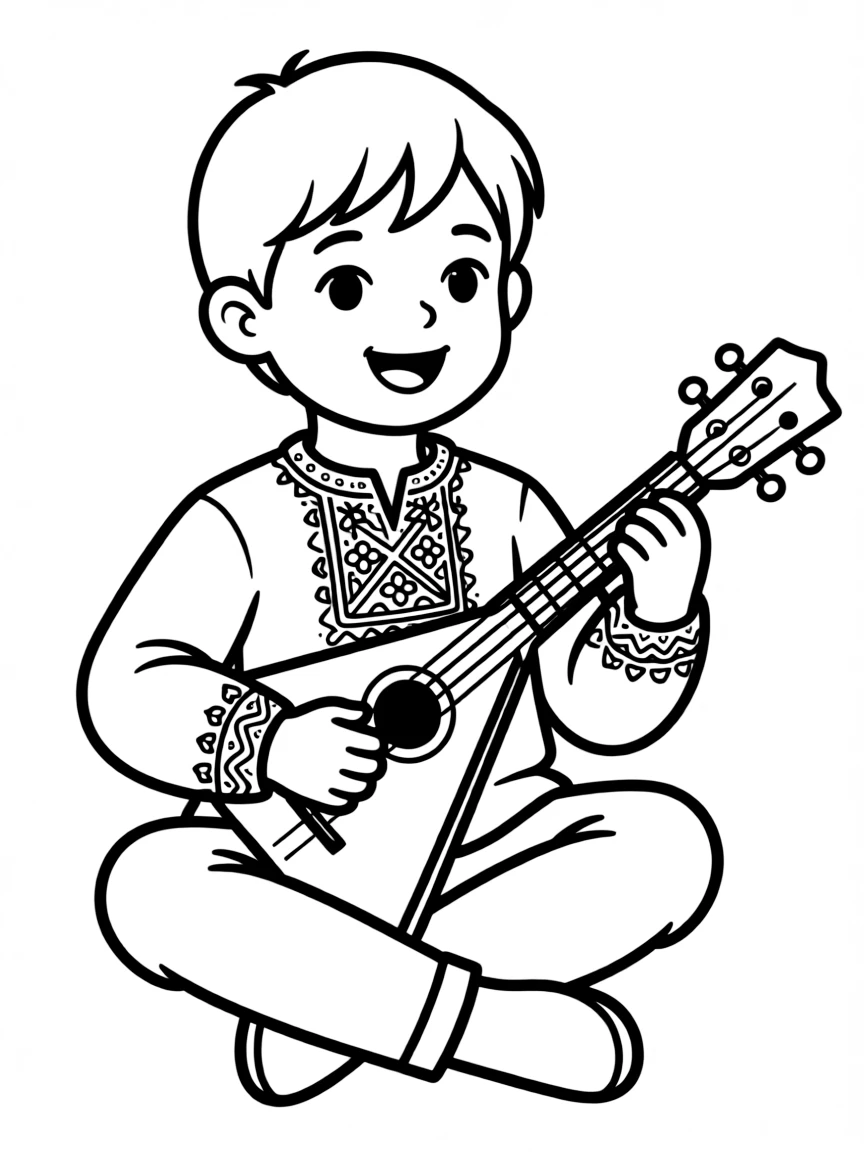 A Russian child in a red shirt with embroidery, playing a balalaika.