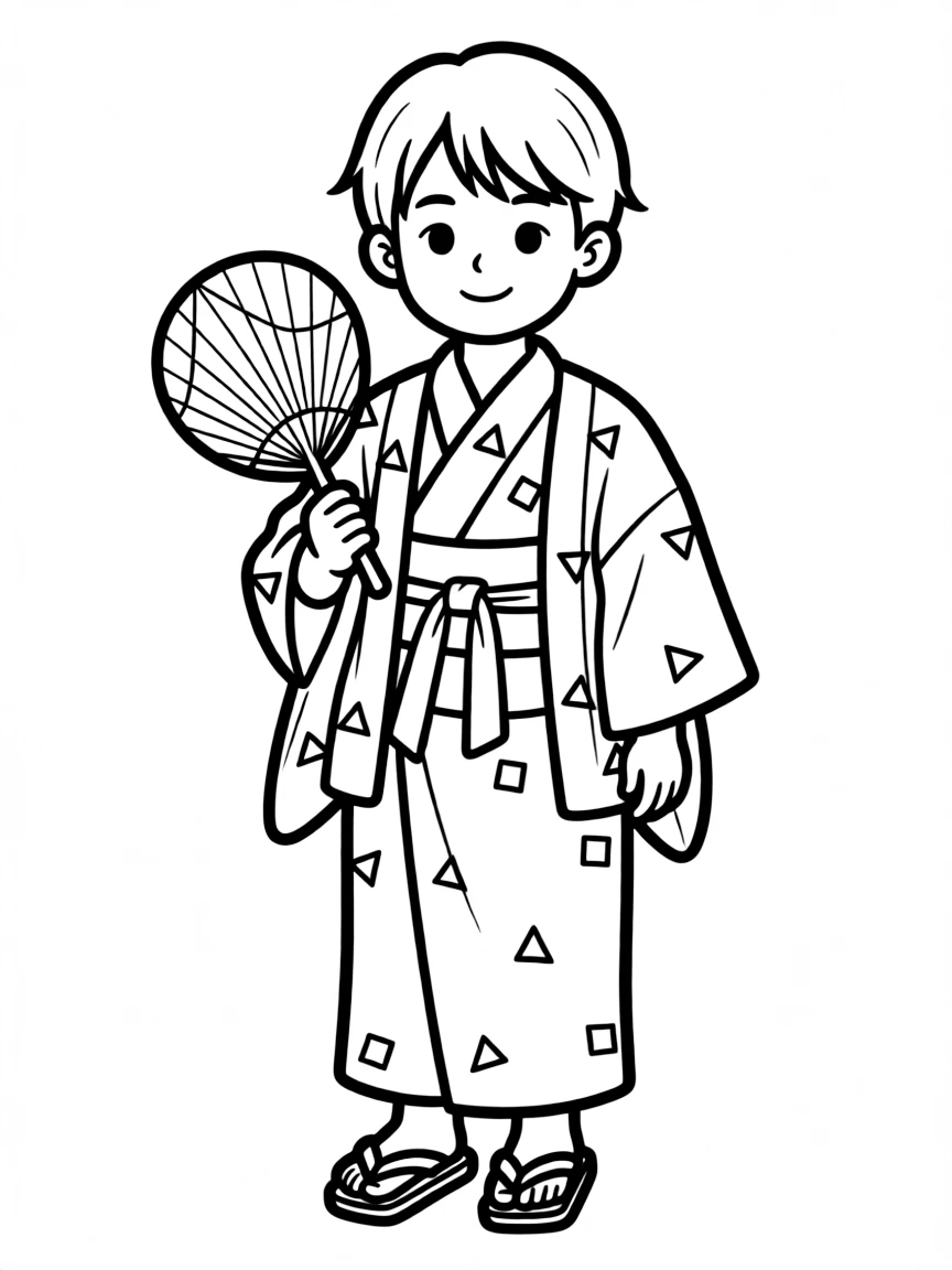 A Japanese child in a simple yukata with geometric patterns, holding a paper fan.