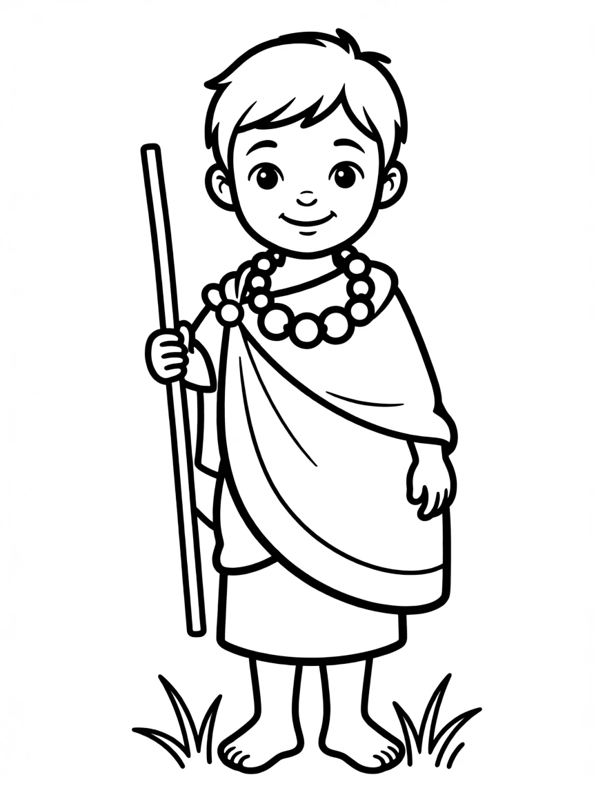 A Maasai child with simple beaded necklaces, holding a small stick.