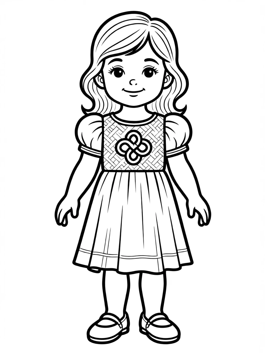 An Irish child in a simple woven dress, with a small Celtic knot design.