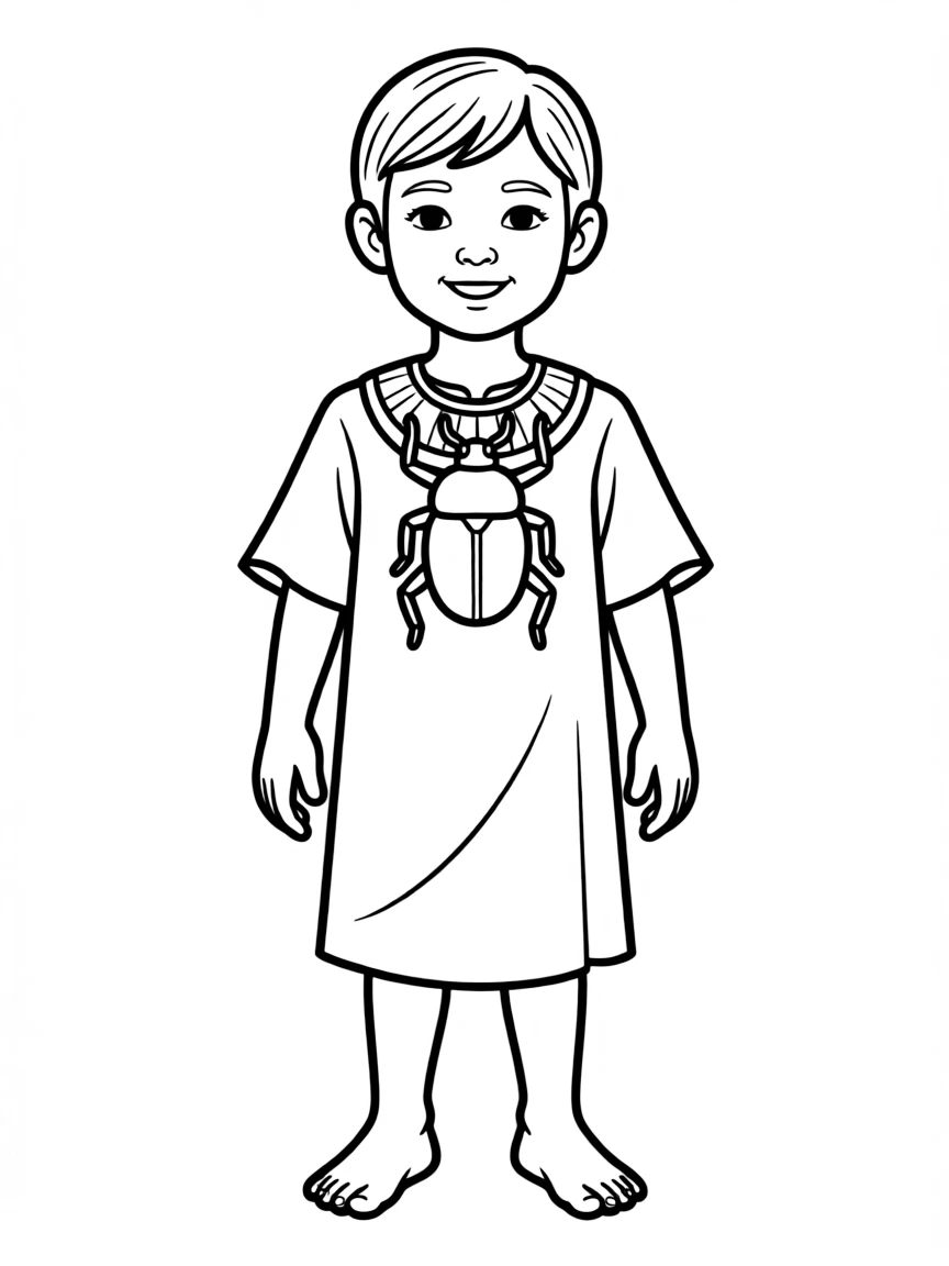 An Egyptian child in a simple white tunic, with a scarab beetle necklace.