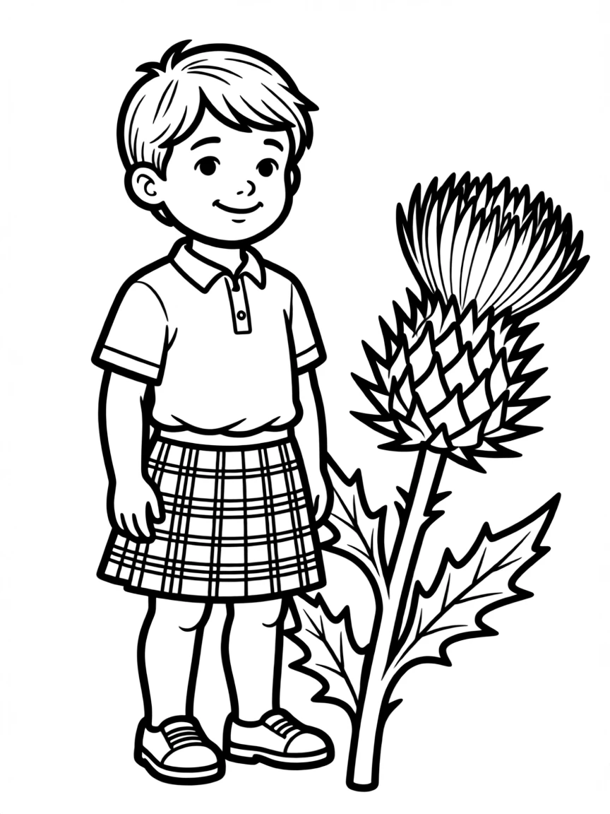 A Scottish child in a simple tartan skirt, with a thistle flower.