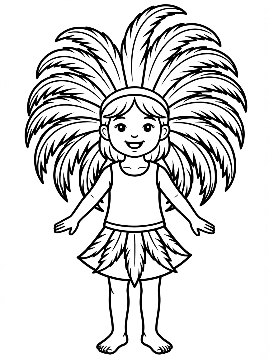 A Brazilian child in a simple carnival costume with feathers.