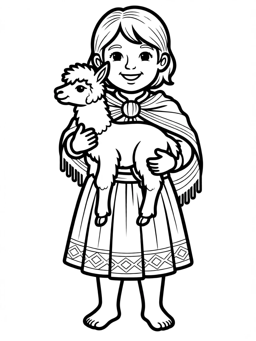 A Peruvian child in a woven skirt and shawl, carrying a baby alpaca.