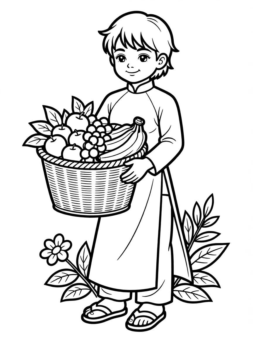 A Vietnamese child in a simpler ao dai, with a basket of fruit.