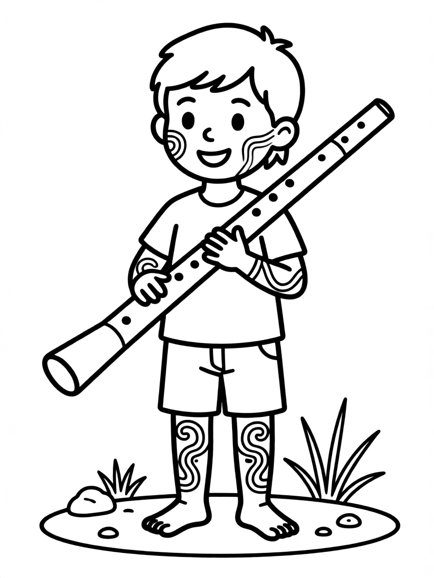 An Australian Aboriginal child with simple lines of paint, holding a didgeridoo.