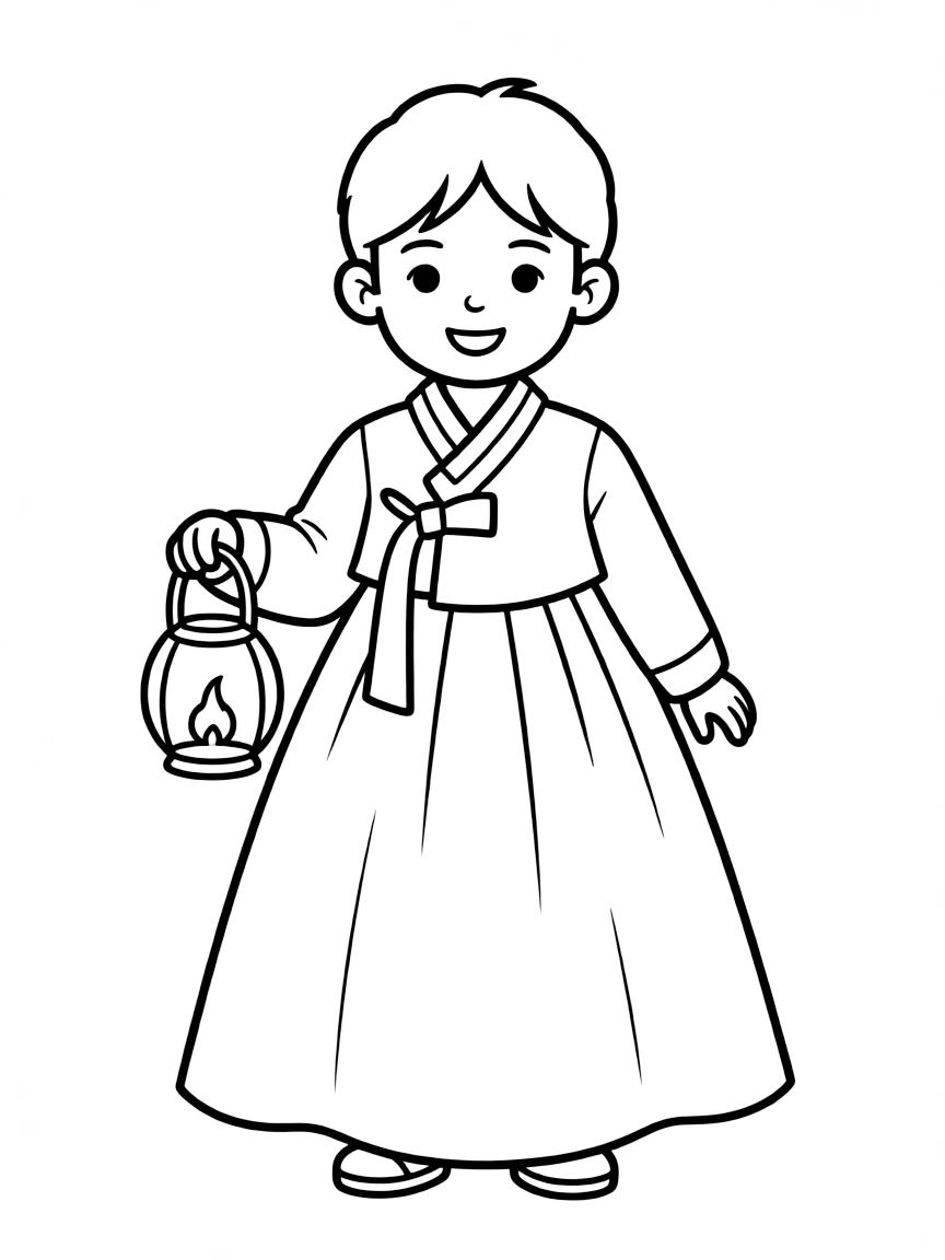 A Korean child in a simpler hanbok, with a small lantern.
