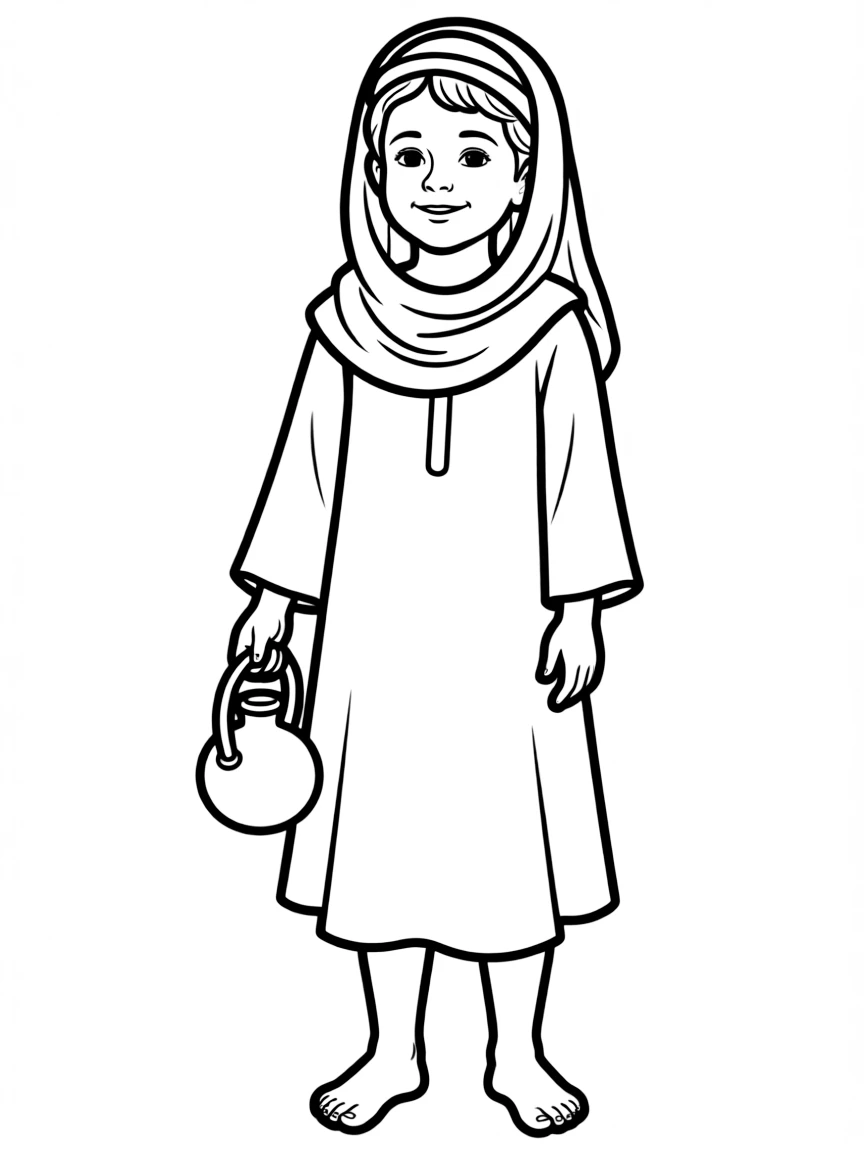 A Bedouin child in a simple loose dress, with a small water jug.
