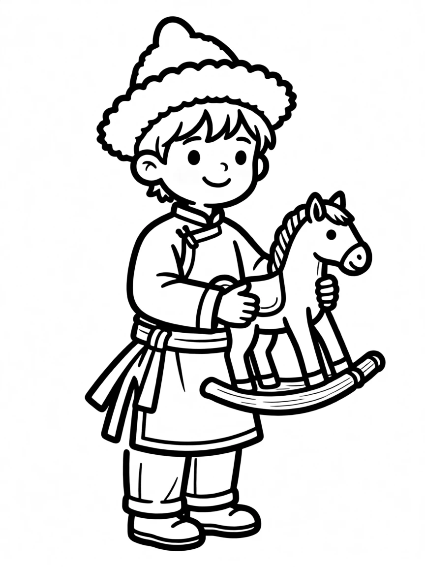 A Mongolian child in a simple felt hat, holding a small toy horse.