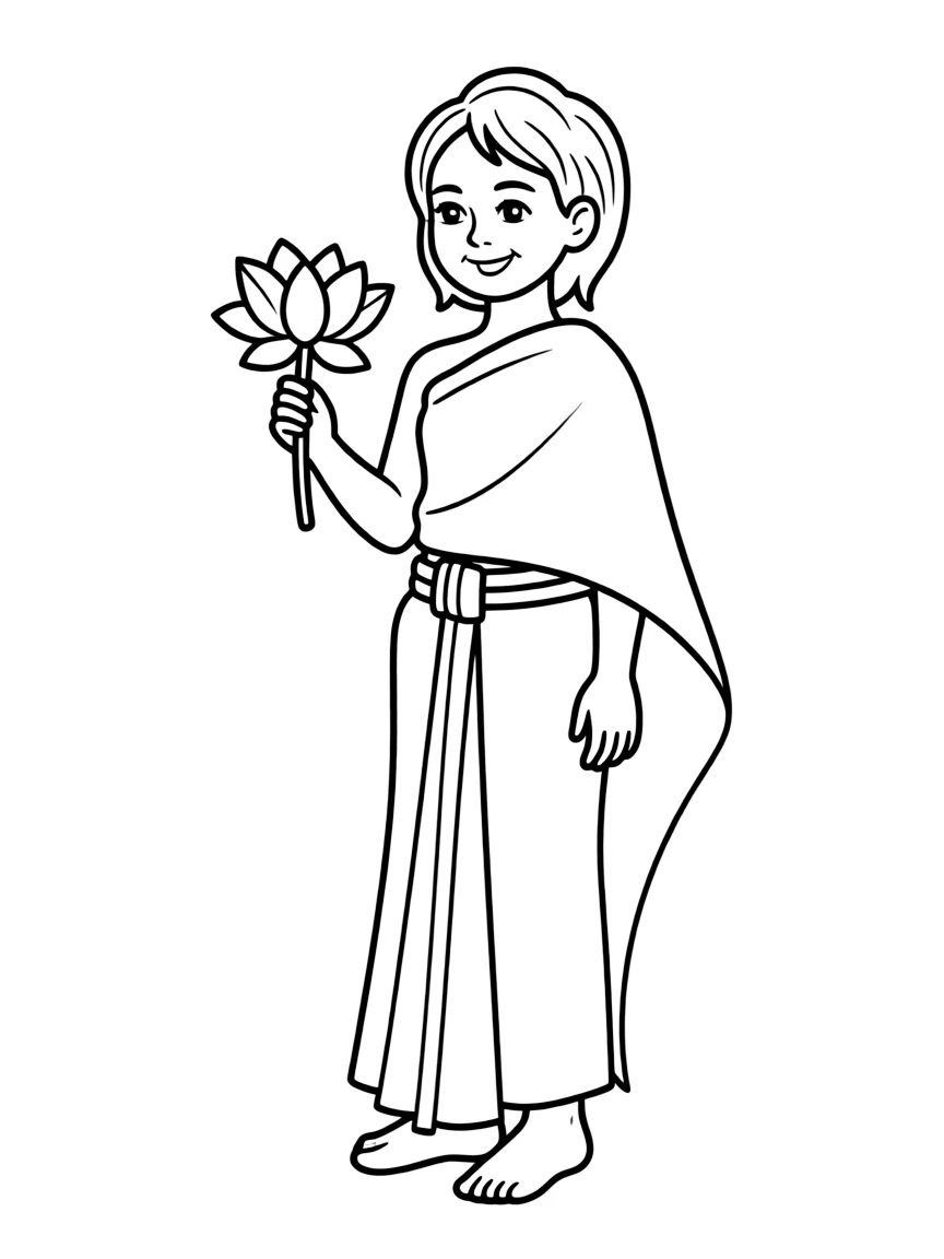 A Thai child in a simple silk wrap, with a small lotus flower.