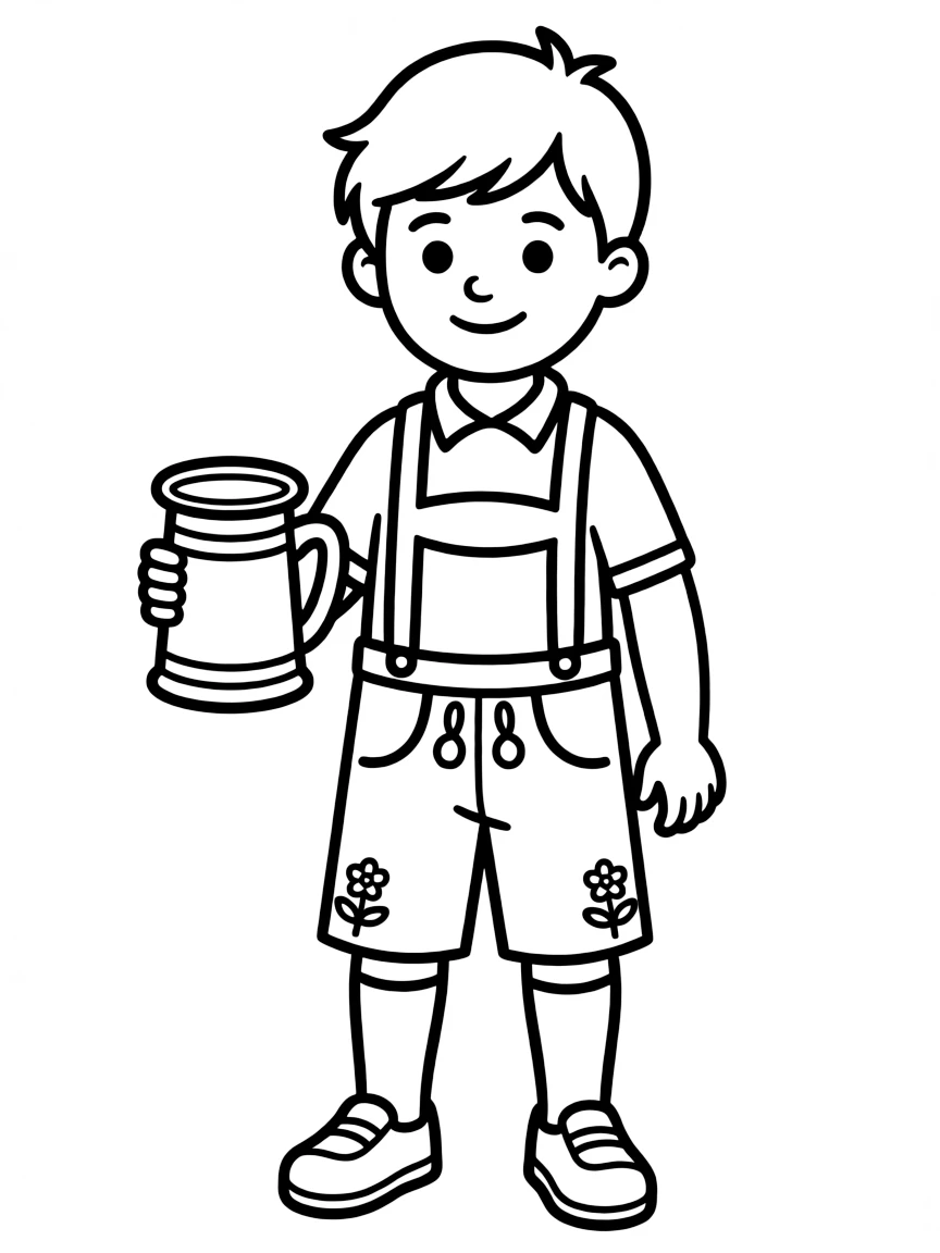 A German child in lederhosen with simple embroidery, holding a small stein.