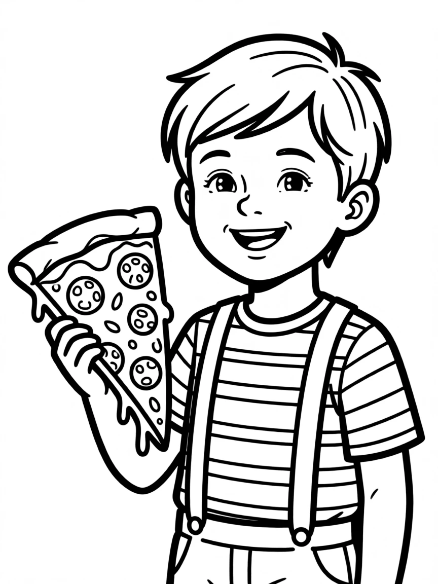 An Italian child in a simple striped shirt and suspenders, holding a slice of pizza.