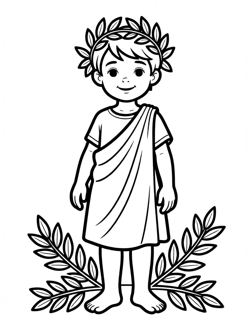 A Greek child in a simple chiton, with a wreath of olive leaves.