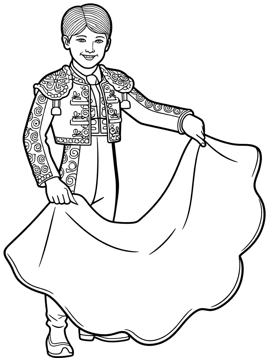 A Spanish child in a matador jacket with embroidery, holding a red cape.