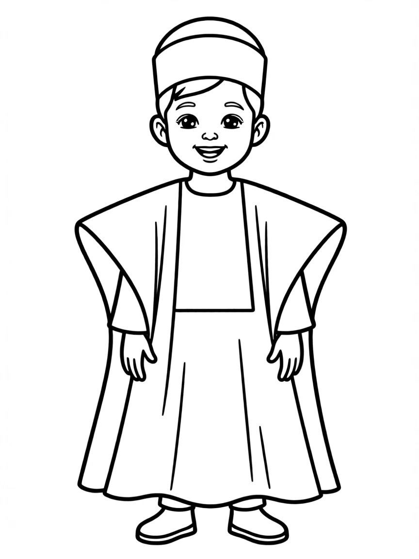 A Nigerian child in an agbada with a simple cap.
