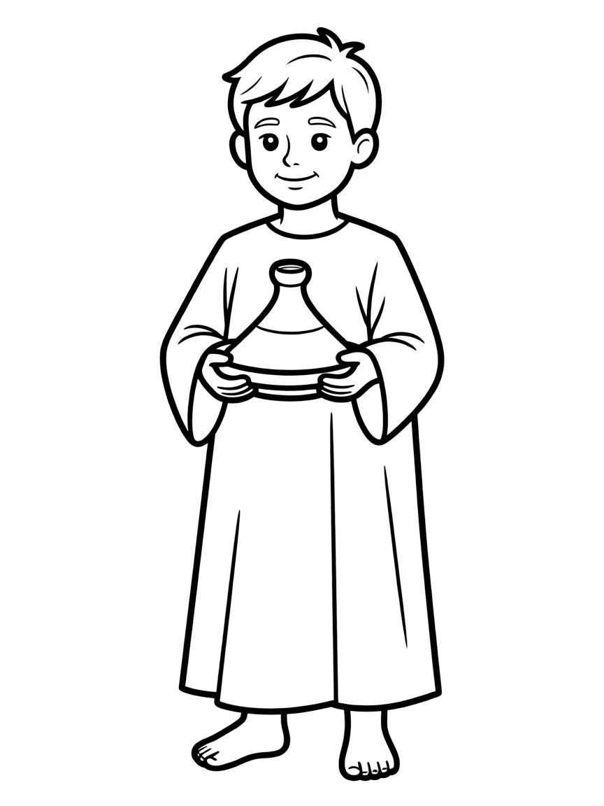 A Moroccan child in a simple caftan, with a small tagine.