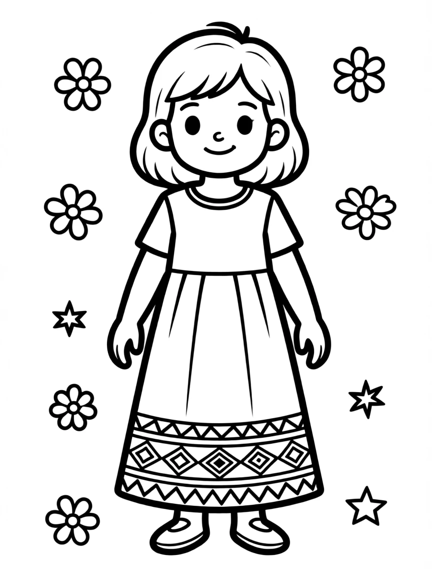 A Turkish child in a simple long dress, with a small carpet design.