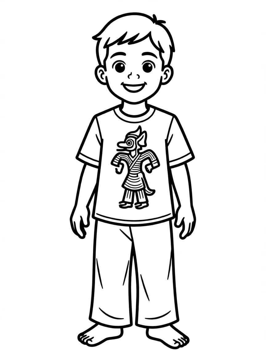 An Indonesian child in a simple wayang kulit (puppet) design on their clothes.