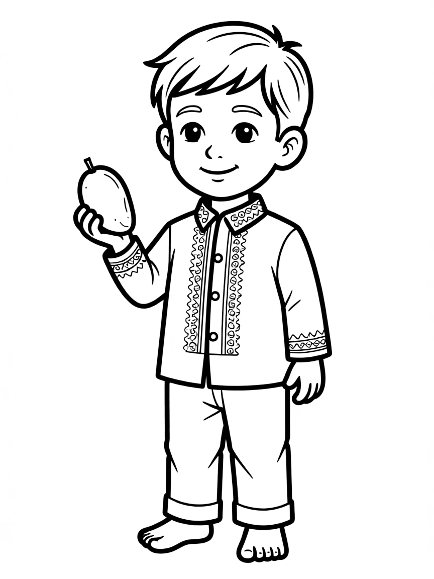 A Filipino child in a simple traditional shirt, with a small mango.
