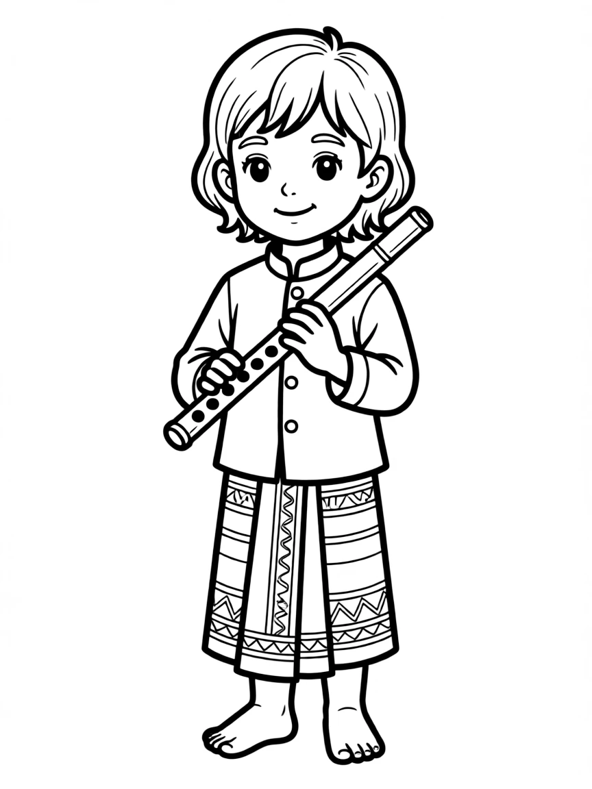 A Laotian child in a simpler sinh, with a small bamboo flute.