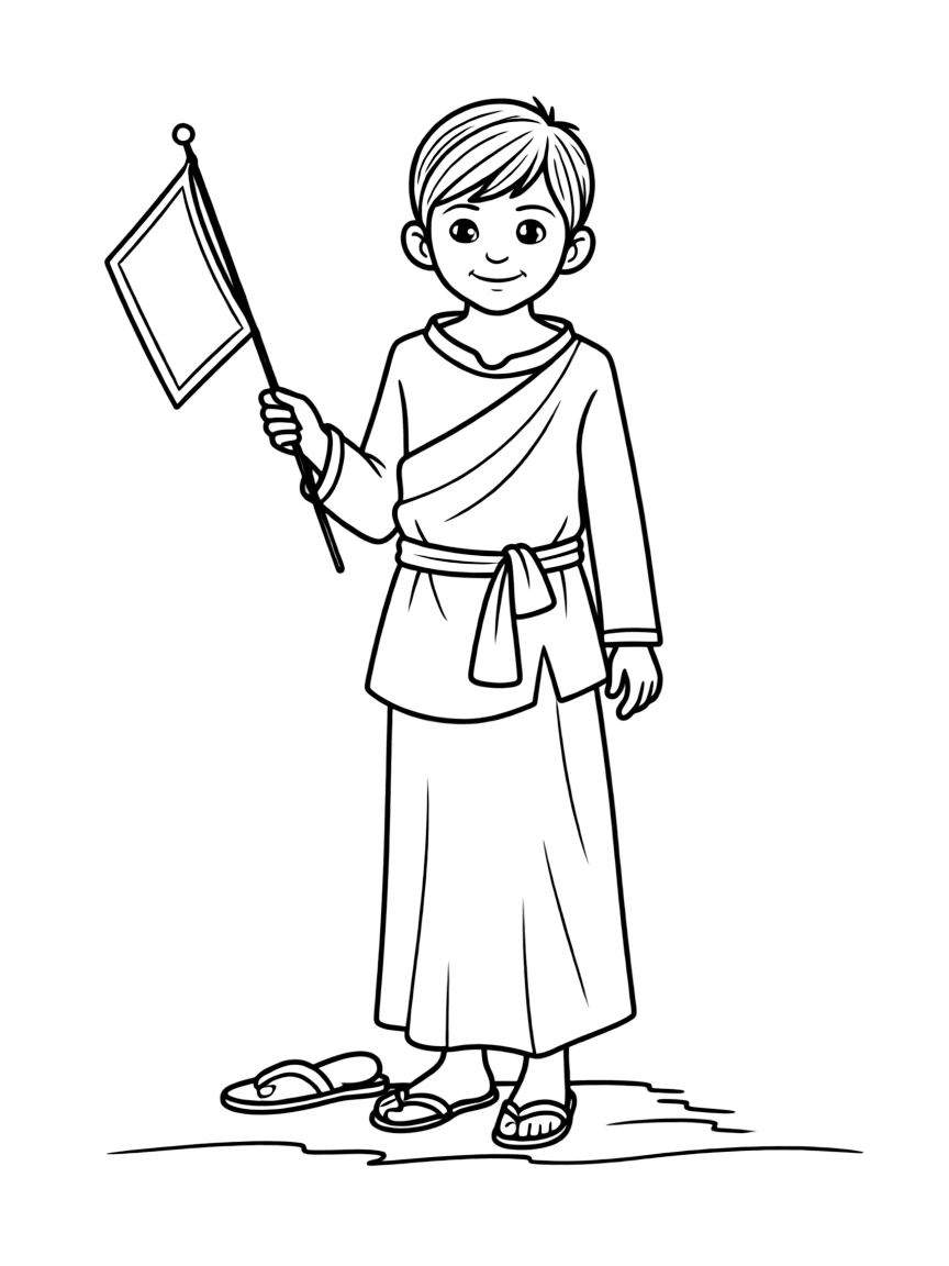 A Nepalese child in a simple gho and kira, with a small prayer flag.