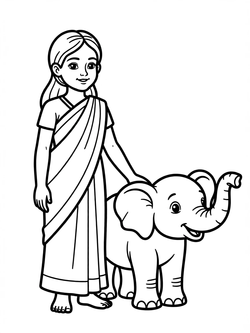 A Sri Lankan child in a simpler sari, with a small elephant.