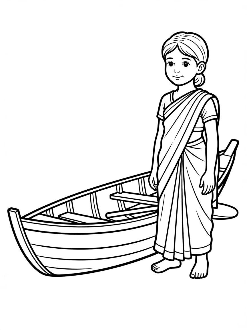 A Bangladeshi child in a simpler sari, with a small boat.