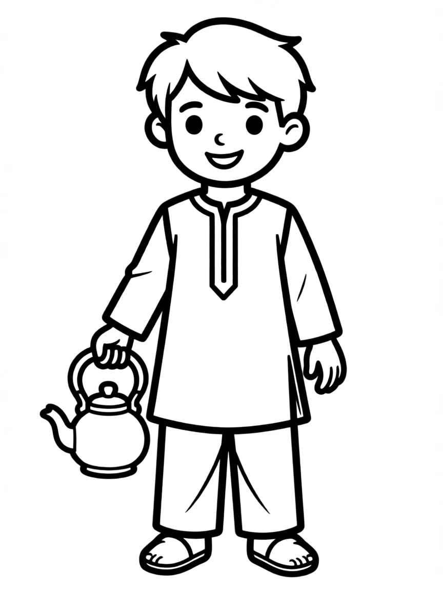 An Afghan child in a simpler perahan tunban, with a small tea kettle.