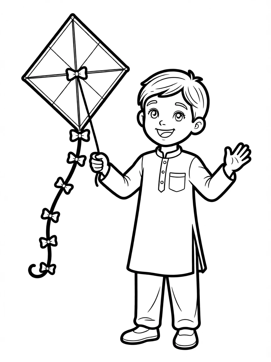 A Pakistani child in a simpler shalwar kameez, with a small kite.