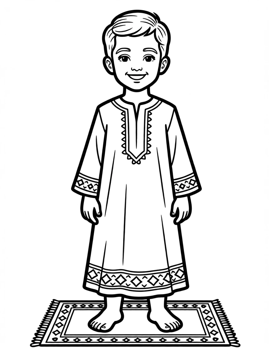 An Iranian child in a simpler traditional tunic, with a small Persian rug pattern.