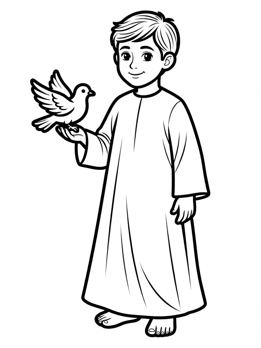 A Palestinian child in a simpler thobe, with a small dove.