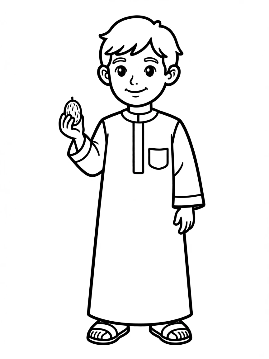 A Saudi Arabian child in a simpler thobe, with a small date fruit.