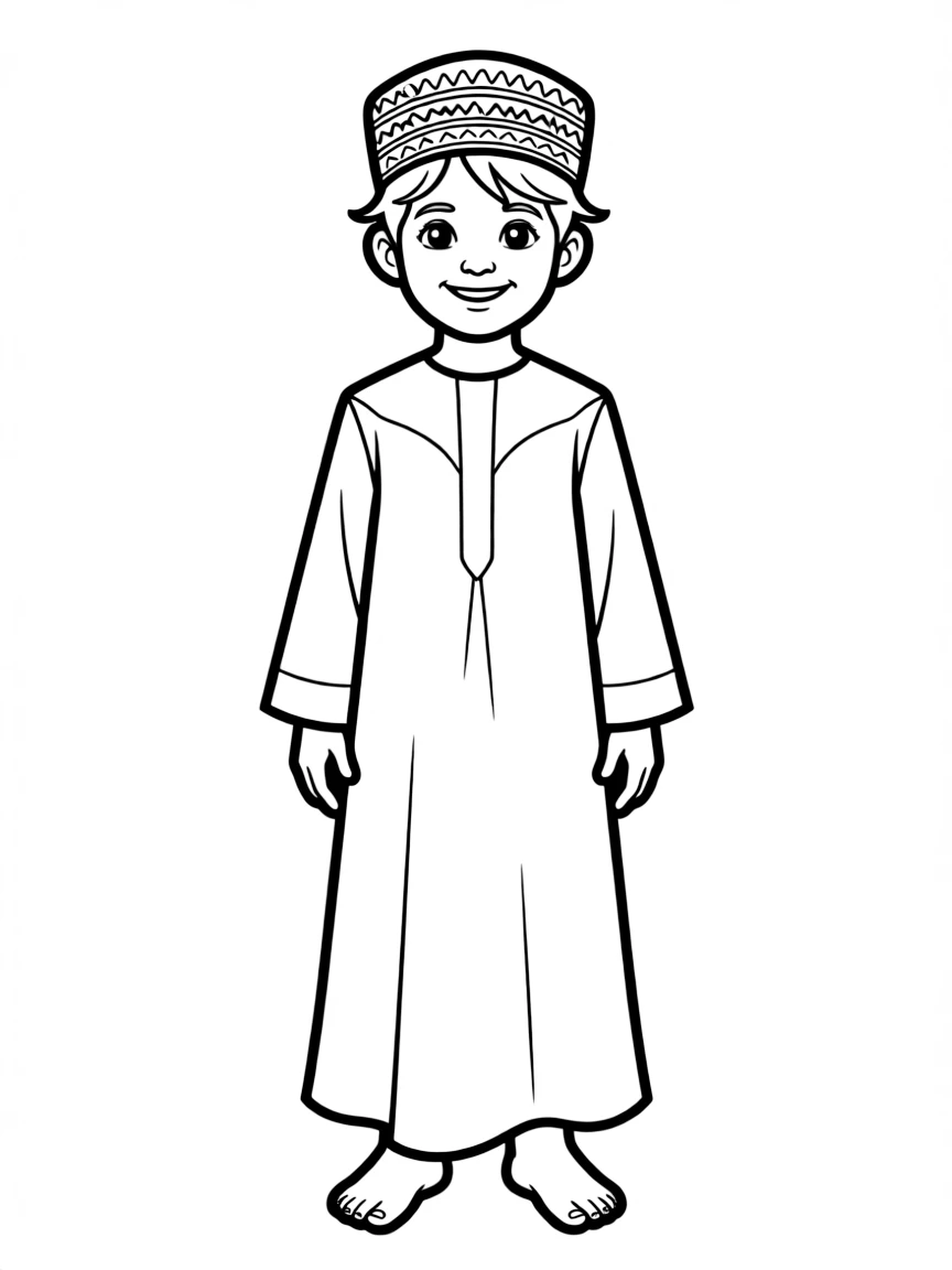 An Omani child in a dishdasha and simple embroidered cap.