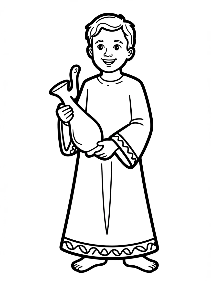 A Yemeni child in a simple traditional dress, with a small coffee pot.