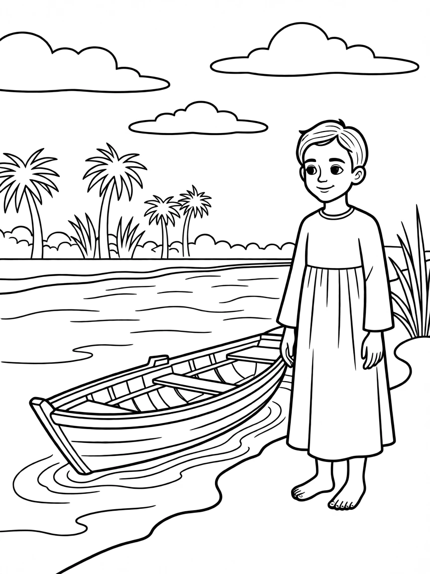 An Iraqi child in a simple traditional dress, with a small boat on the Tigris.