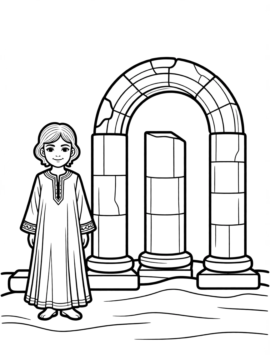 A Lebanese child in a simple traditional dress, with a small ancient ruin.