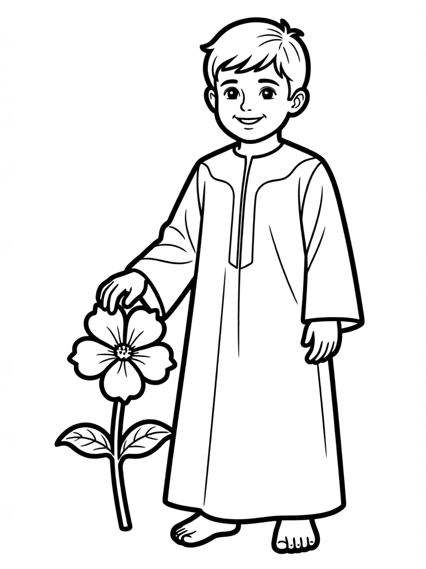 A Jordanian child in a simple thobe, with a small desert rose.