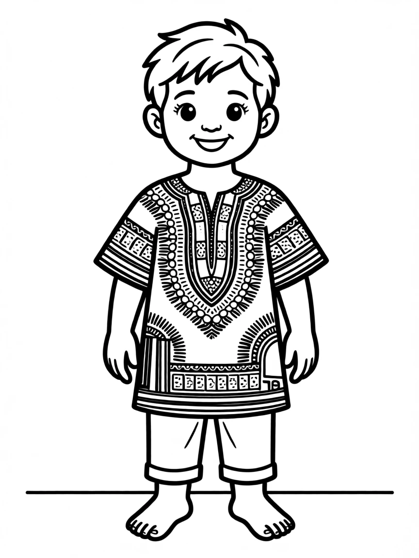 An African child in a colorful dashiki, with intricate patterns.