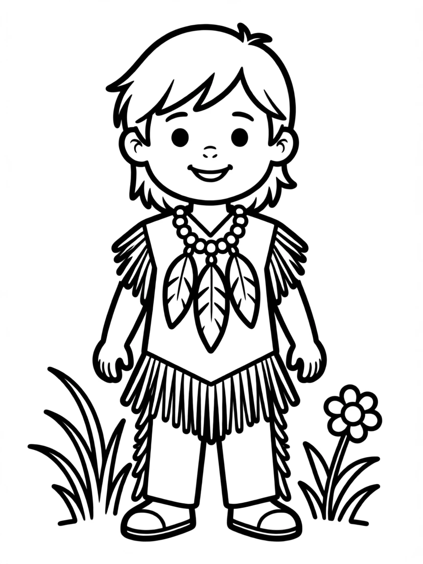 A Native American child with a feather and bead necklace, wearing a fringed vest.
