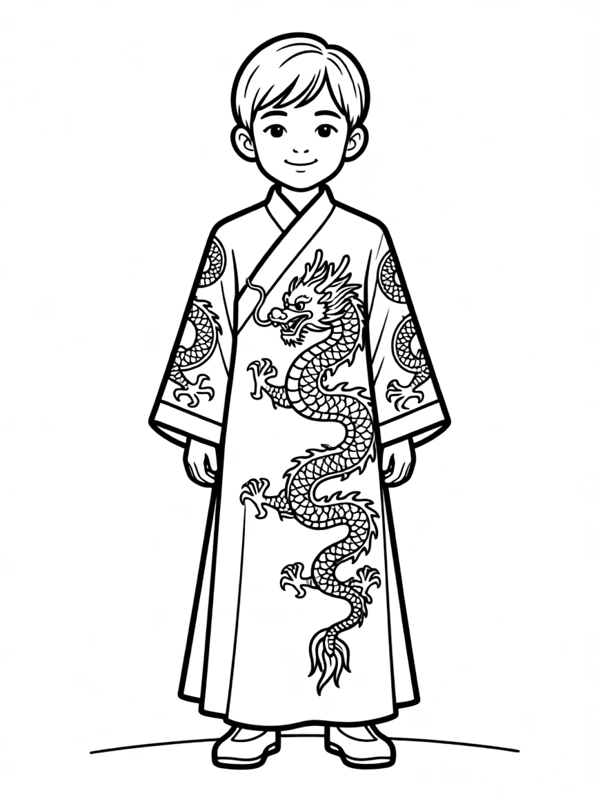 A Chinese child in a bright silk robe with embroidered dragons.