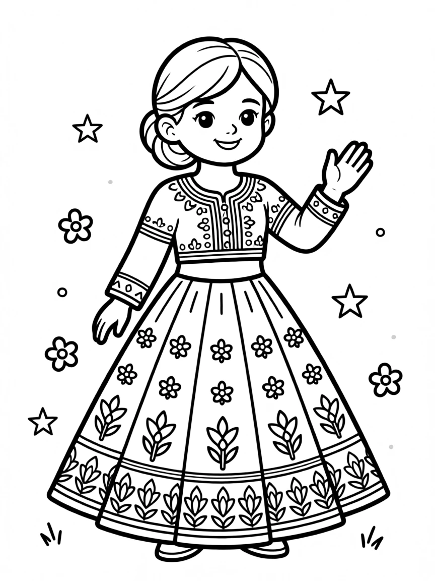 An Indian child in a vibrant lehenga choli with ornate embroidery.
