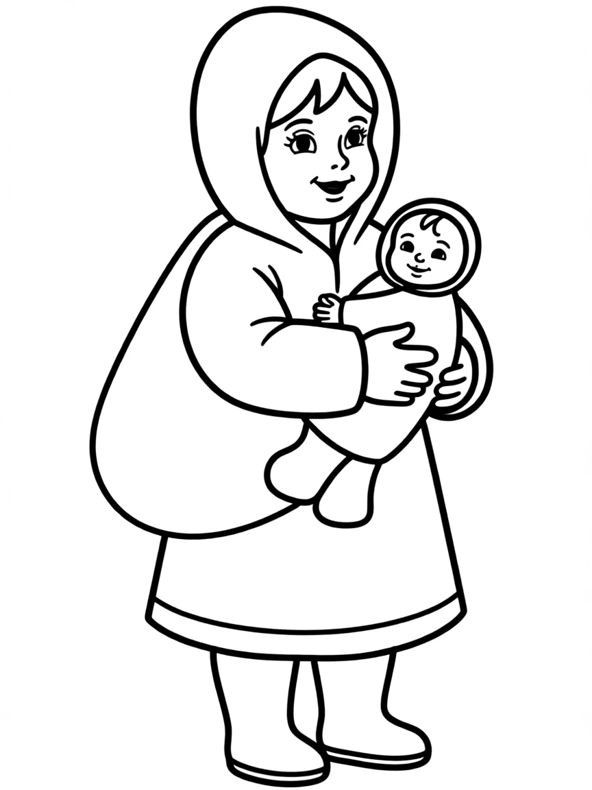 An Inuit child in a traditional amauti, carrying a baby doll.