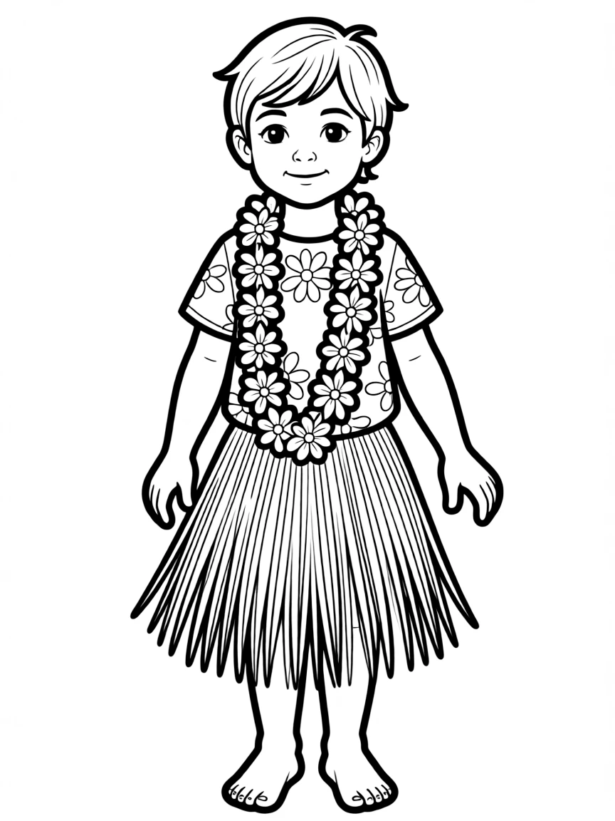 A Hawaiian child in a detailed hula costume with multiple leis.