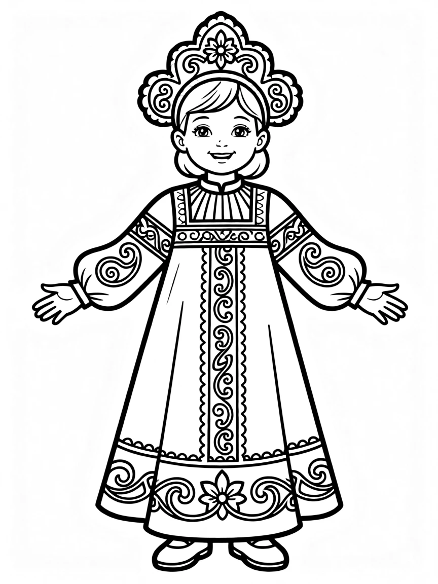 A Russian child in a richly decorated traditional dress with gold accents.