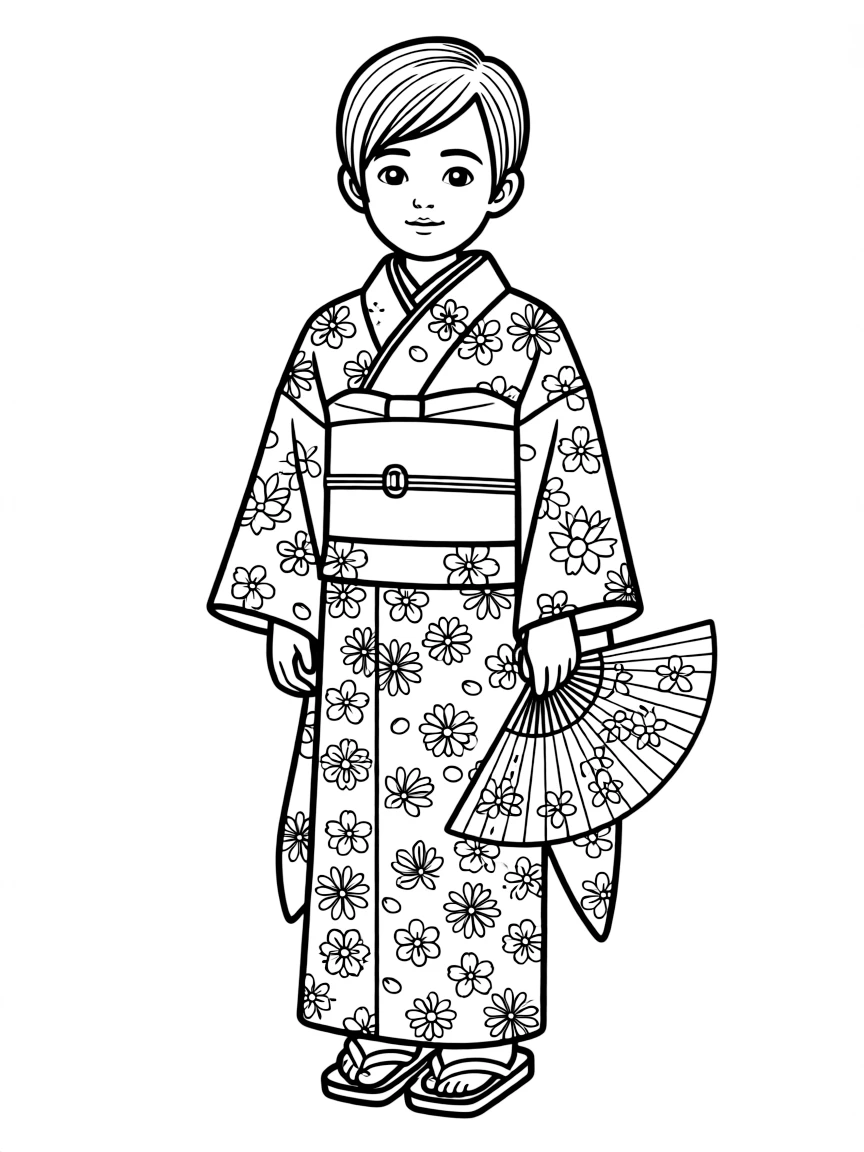 A Japanese child in a formal kimono with intricate floral designs.