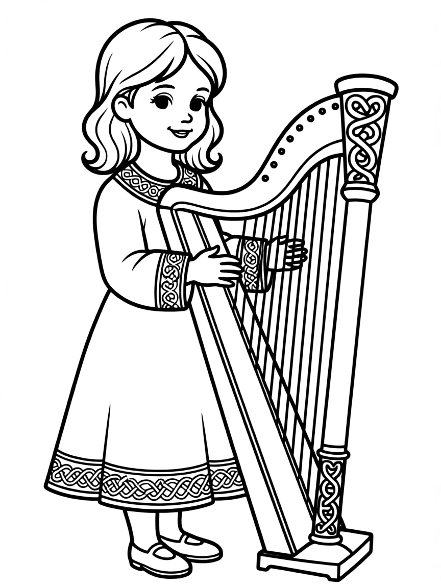 An Irish child in a detailed Celtic-embroidered dress, holding a harp.